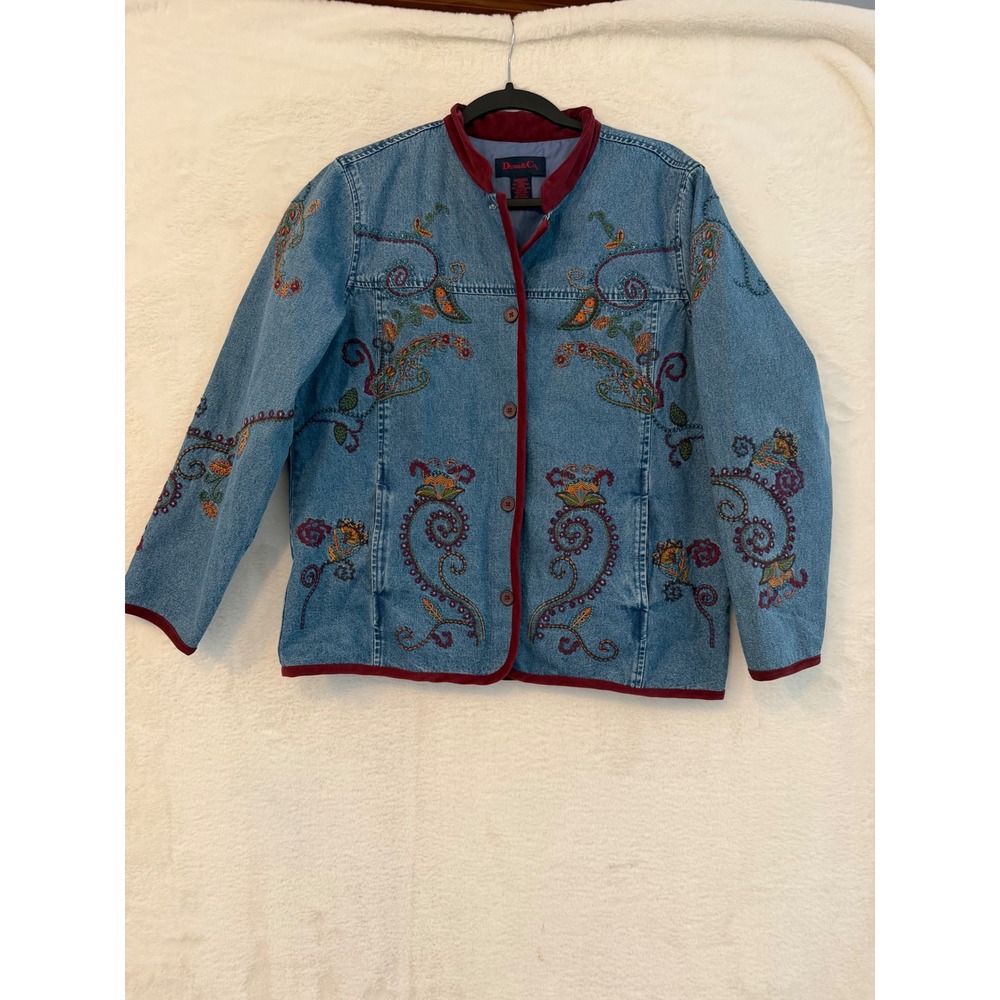 Denim & Co Embroidered Floral Paisley Jean Jacket Womens Medium Blue Cotton Coat